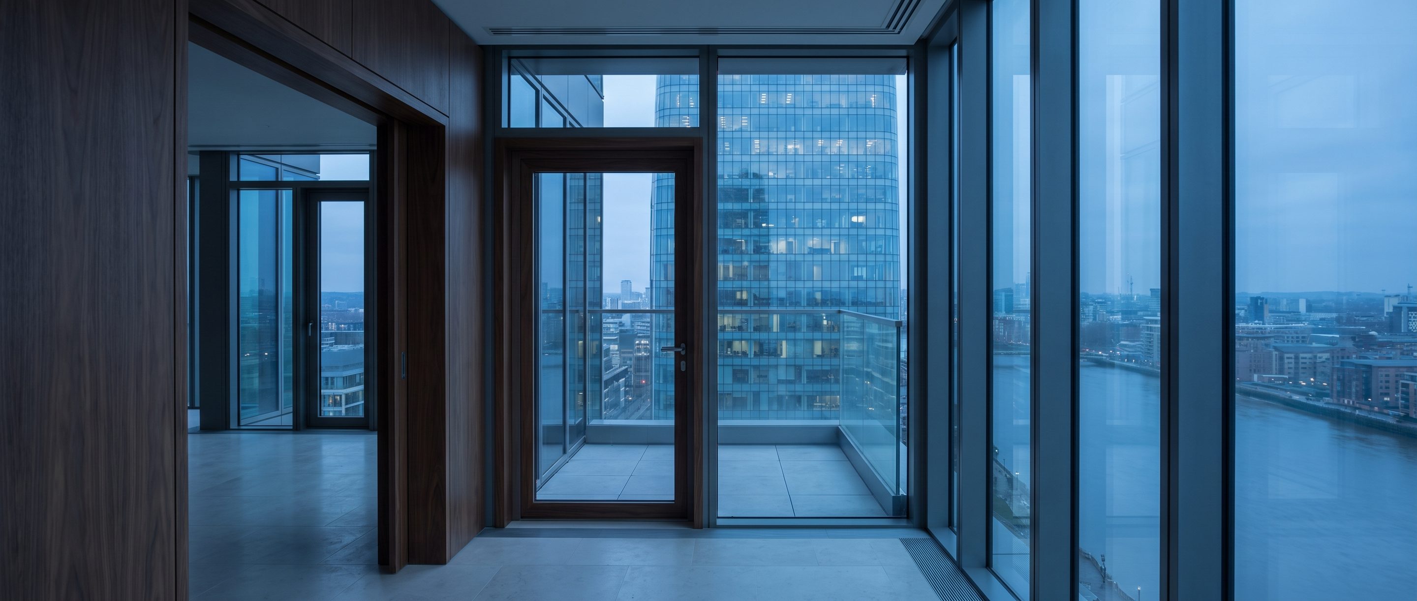 A glass office tower at blue hour seen from a high window.