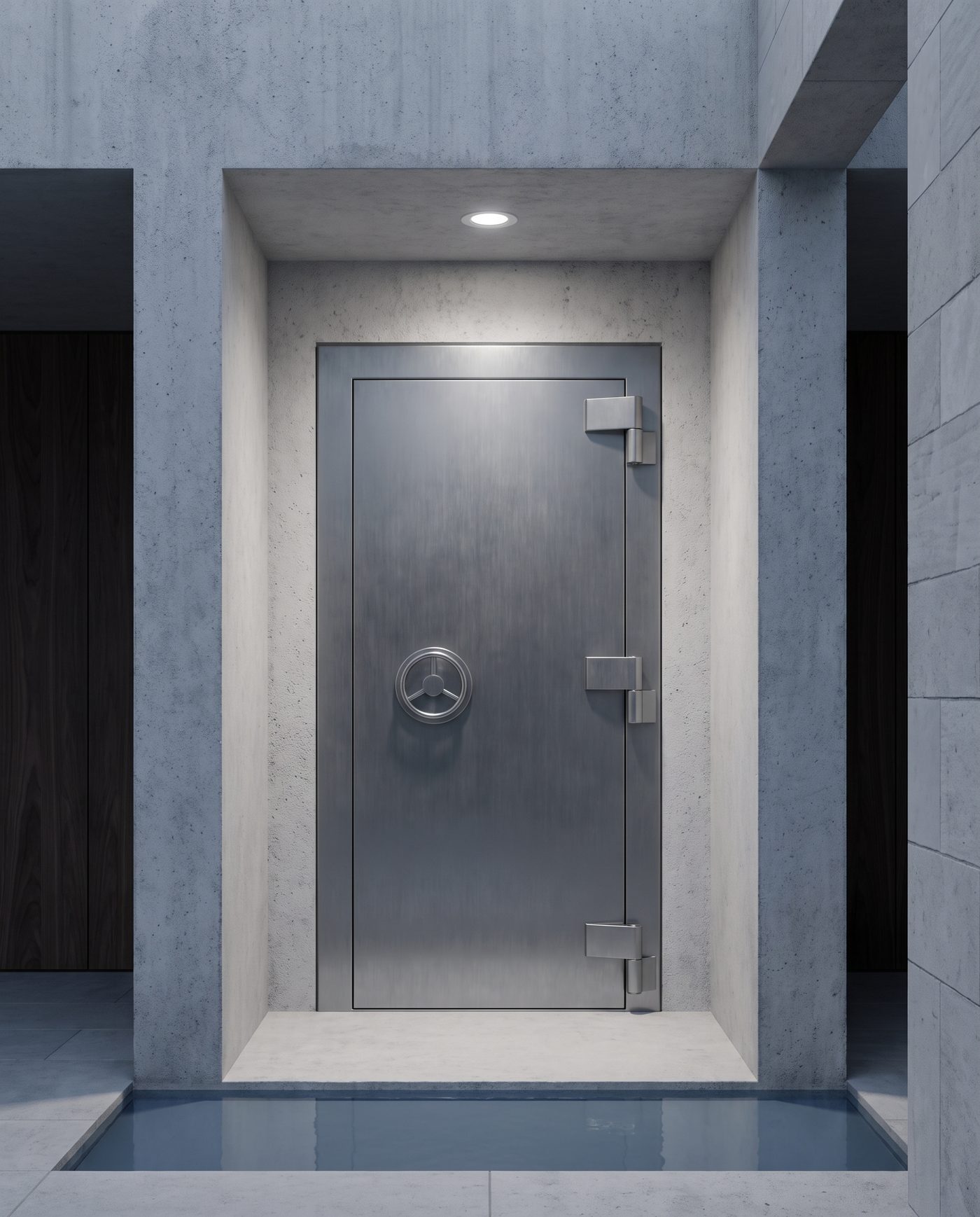A steel safe door in a concrete alcove, a single downlight overhead.