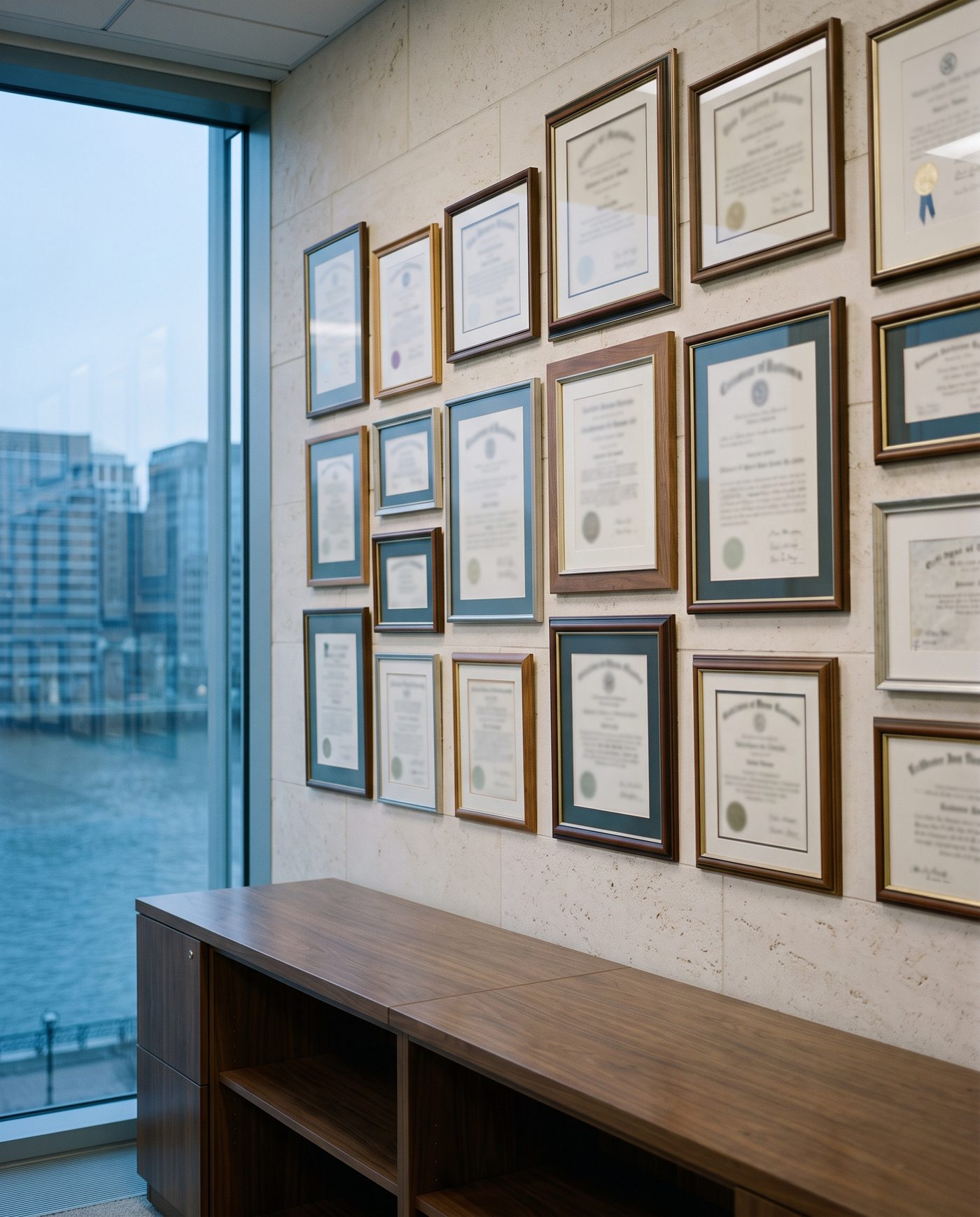 Framed certificates on a quiet office wall.