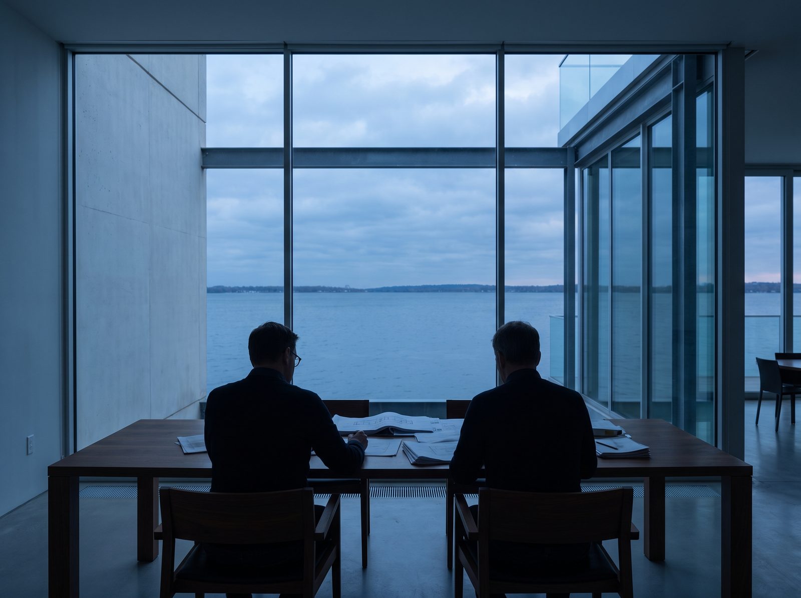 Two adults across a walnut table, seen from behind.