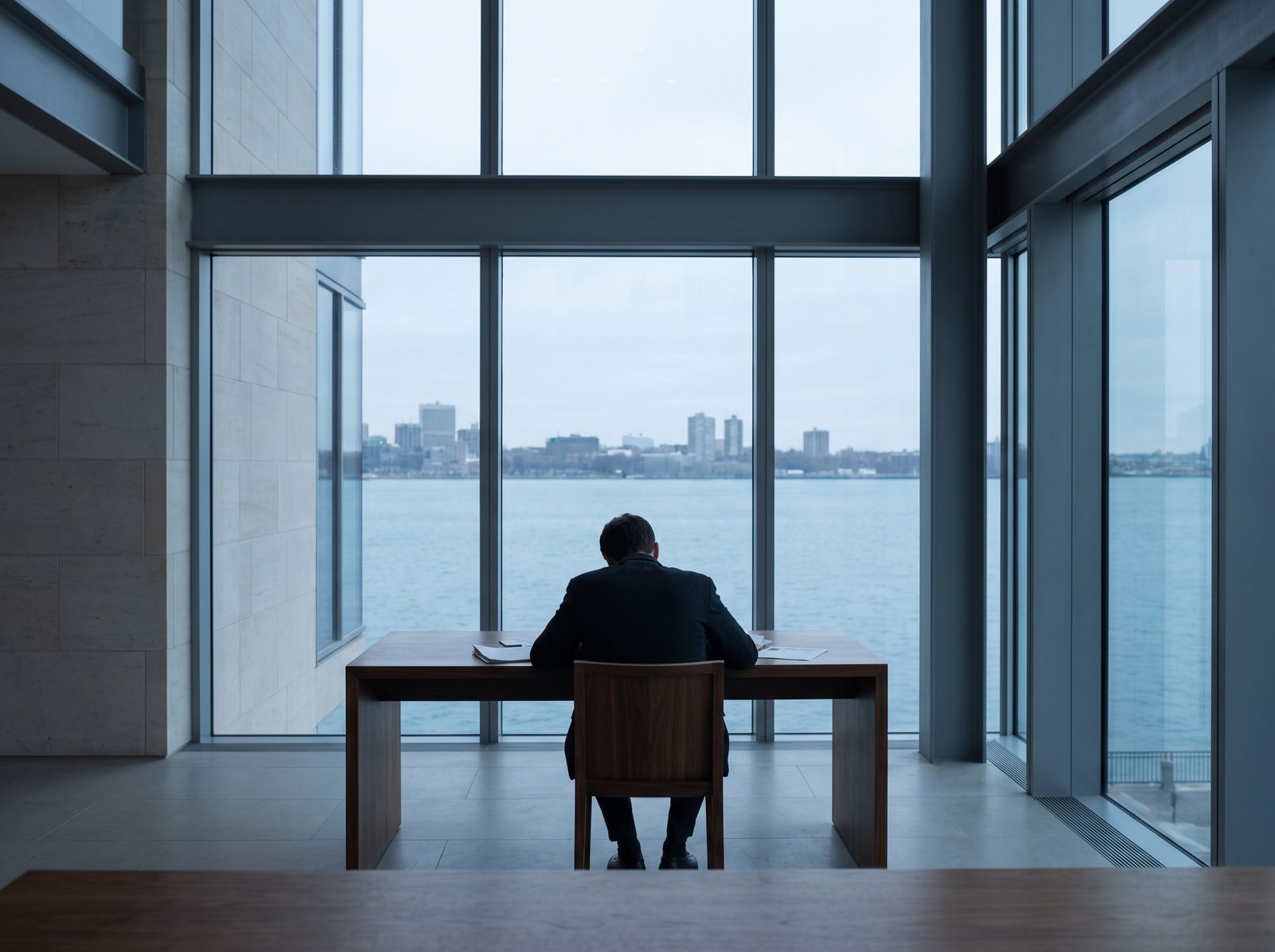 An adult at a desk by a window reviewing documents.