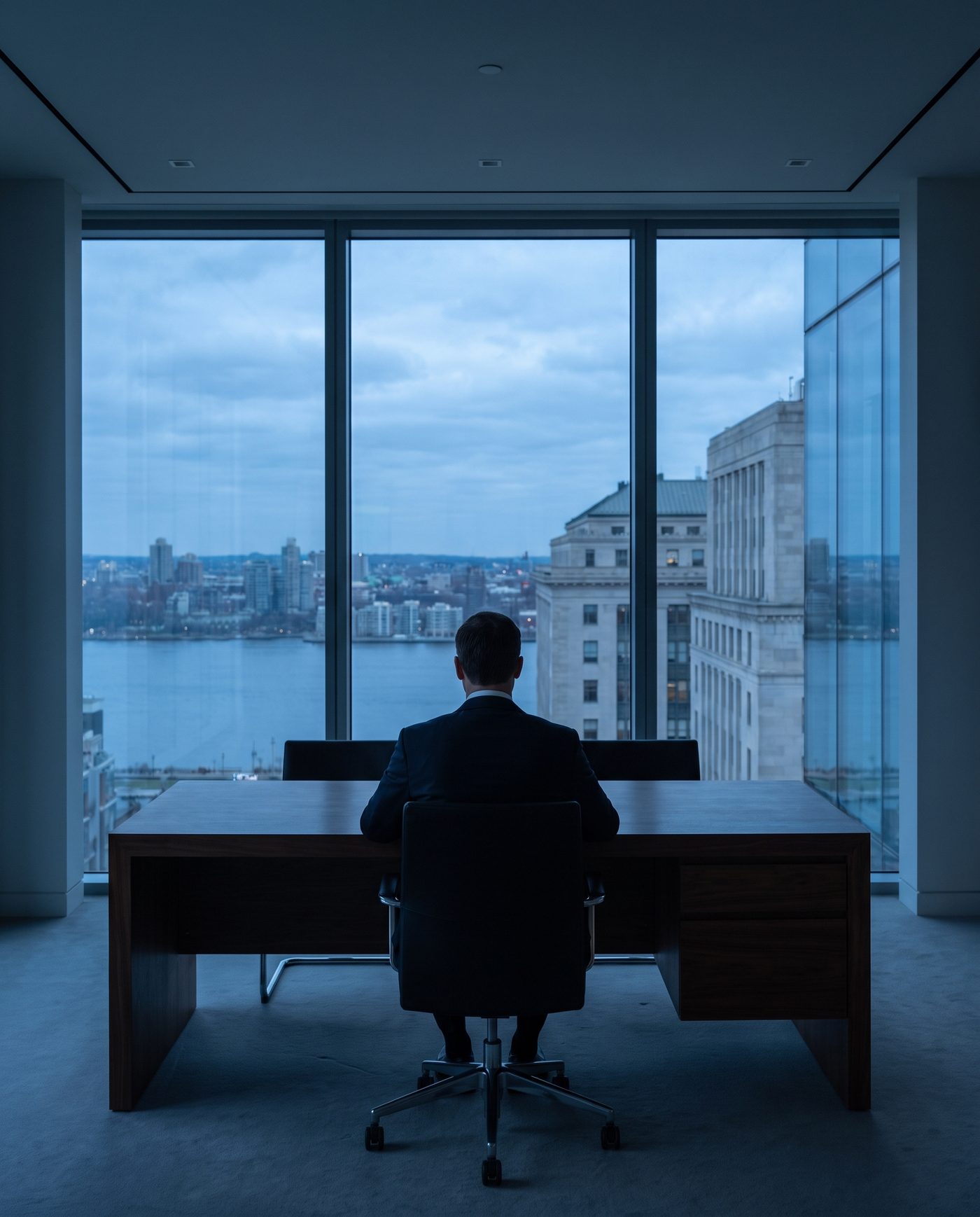 An adult in business dress at a walnut desk, seen from behind.
