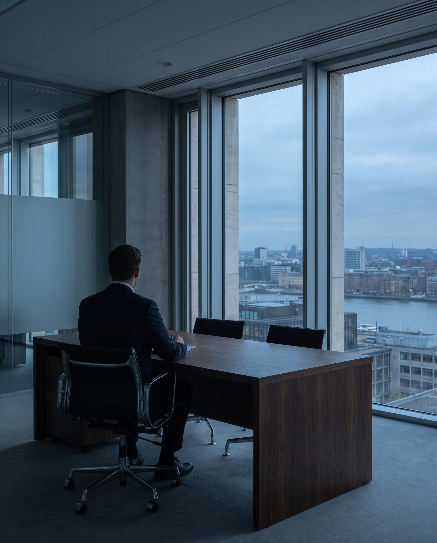 An adult in business dress at a walnut desk, seen from behind.
