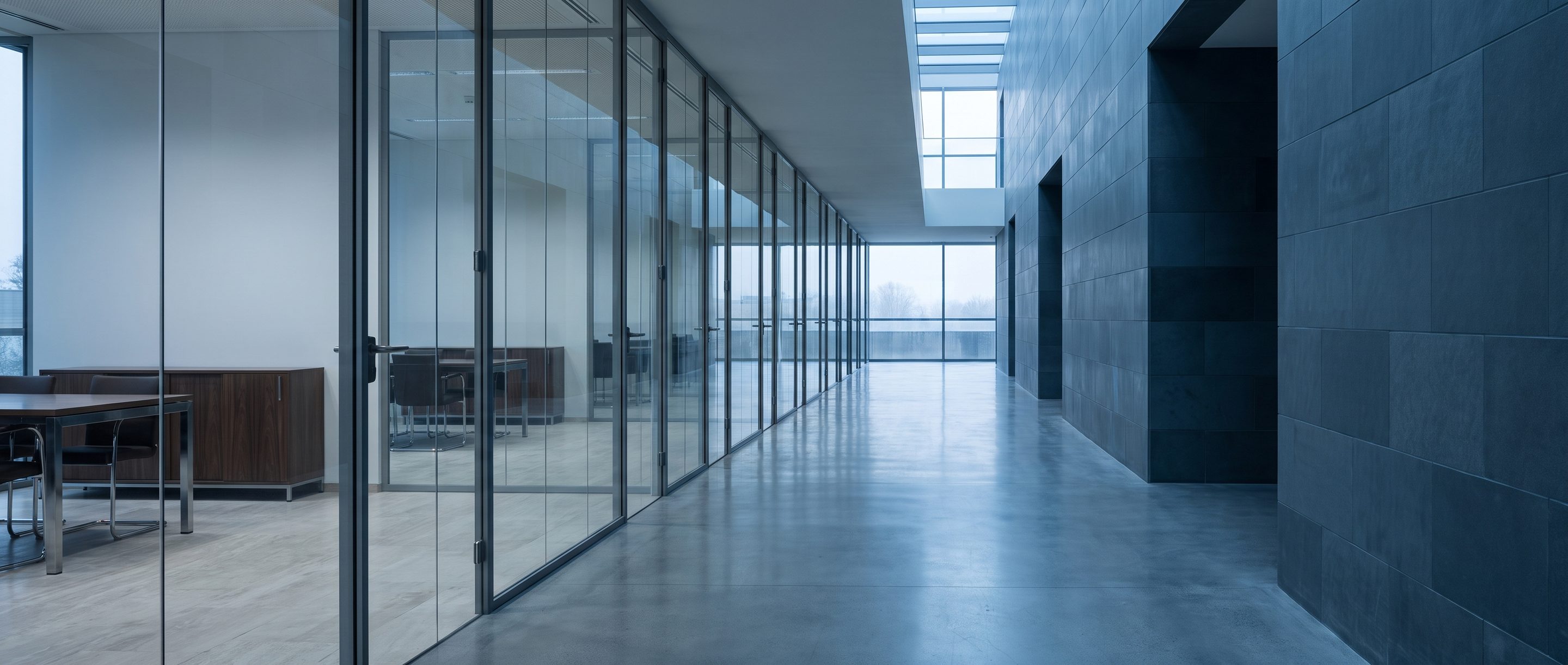A row of glass-walled meeting rooms along a quiet corridor.