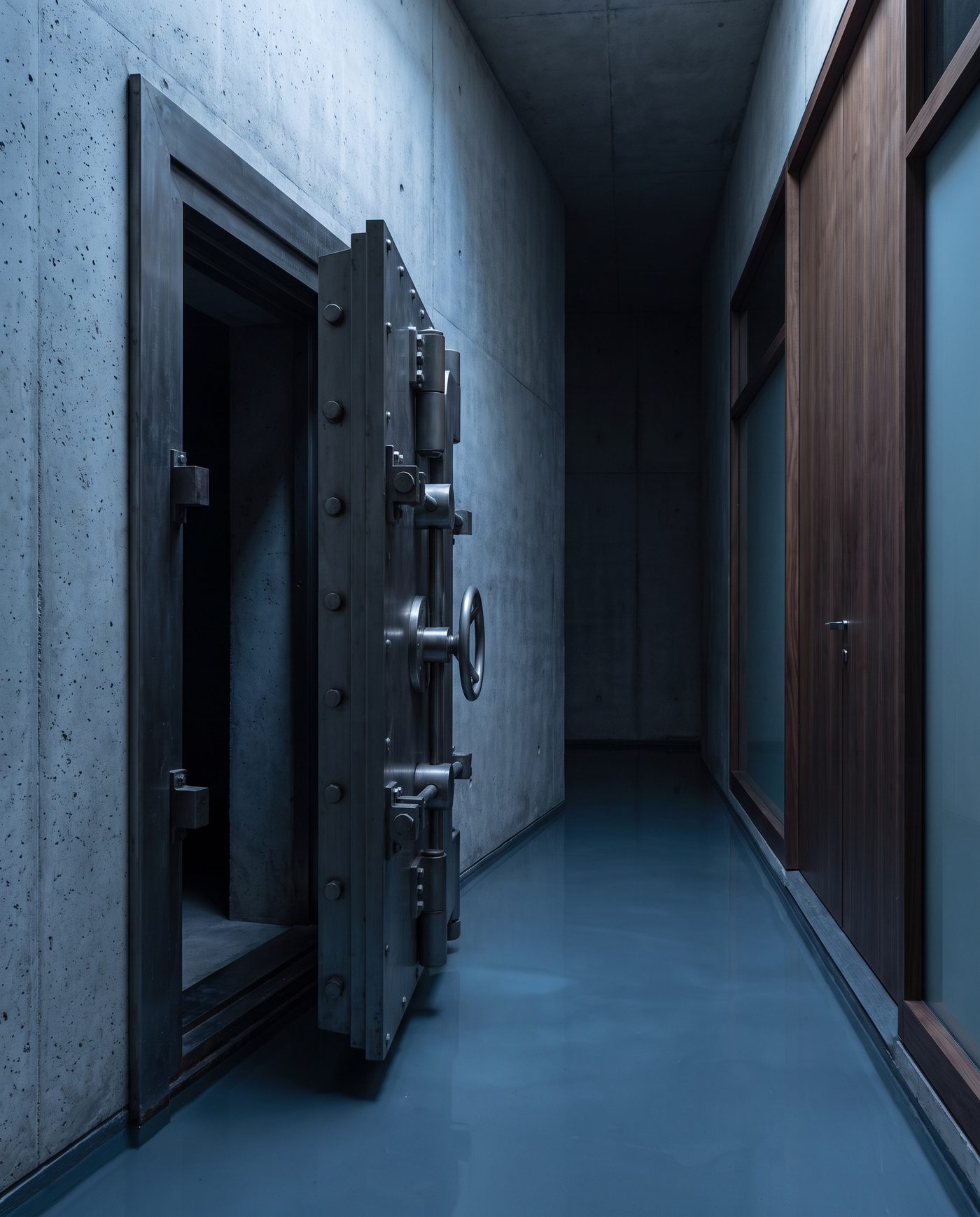 A steel safe door slightly ajar in a windowless concrete corridor.