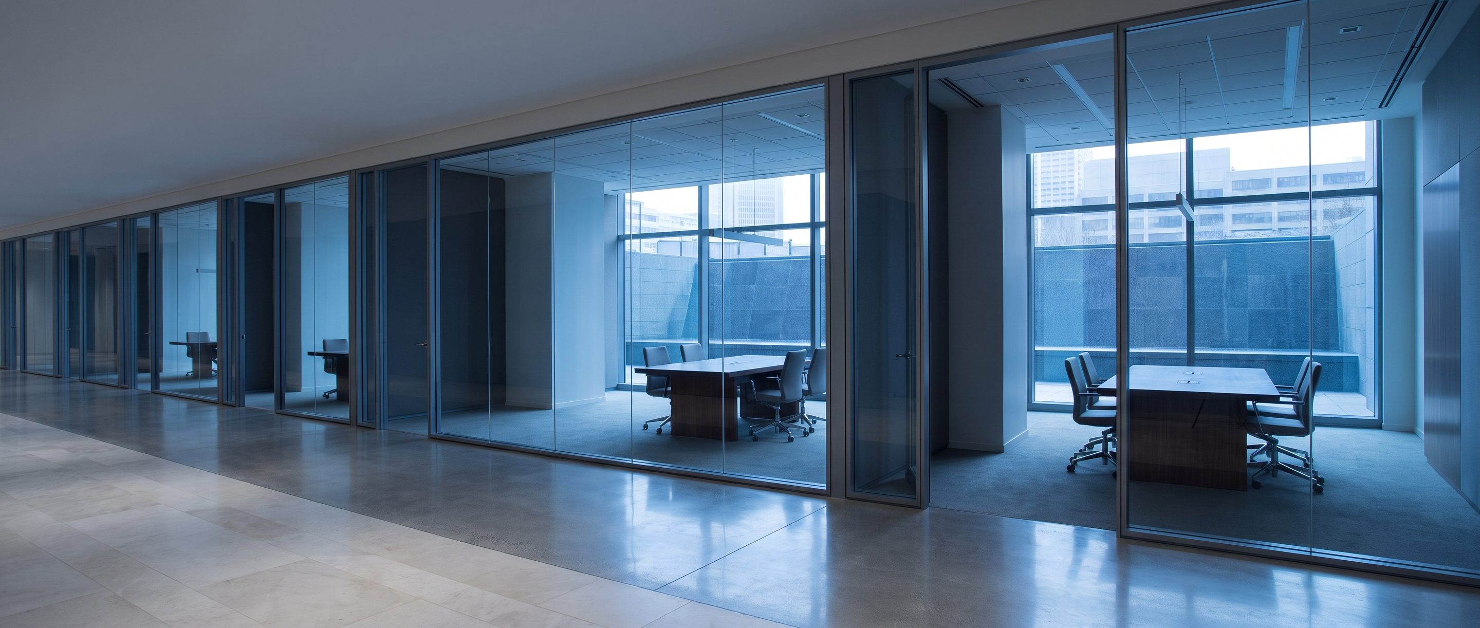A row of glass-walled meeting rooms along a quiet corridor.
