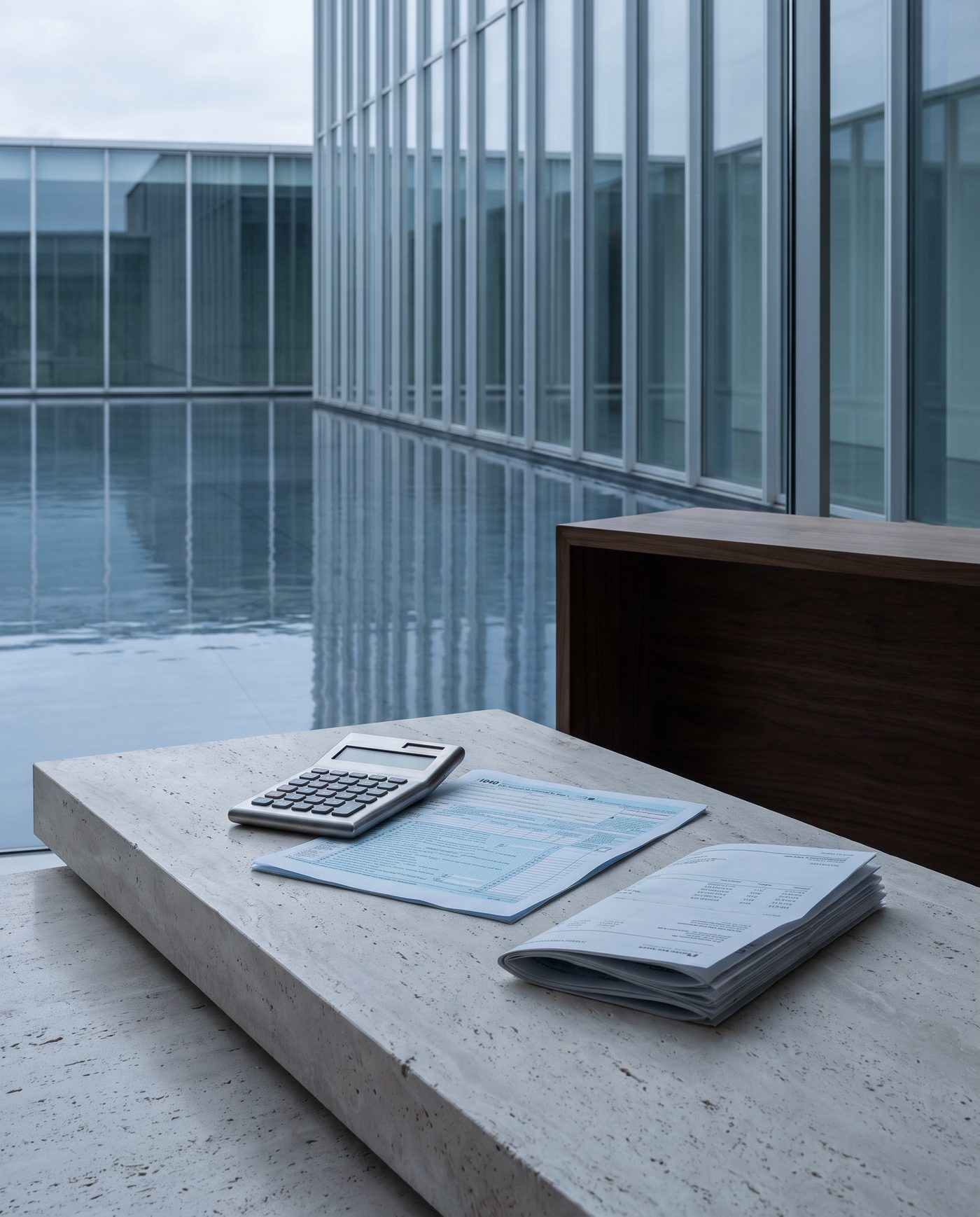 A calculator and a tax form beside a folded bank statement on pale stone.