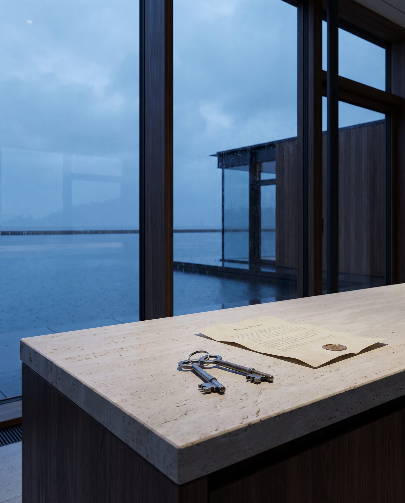 A pair of identical keys on a pale stone counter beside a folded document.