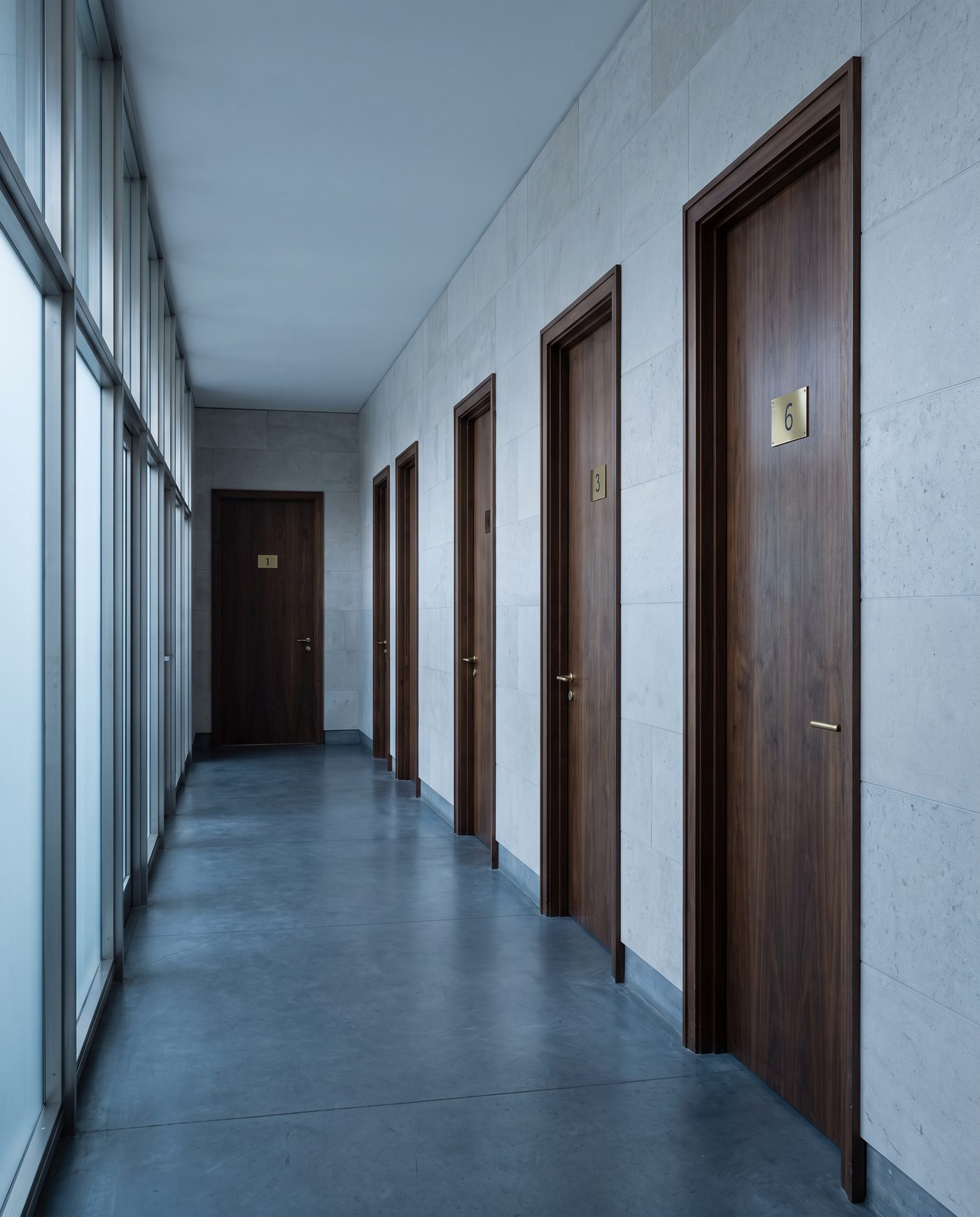 A row of six closed office doors along a pale corridor, brass number plates catching low light.